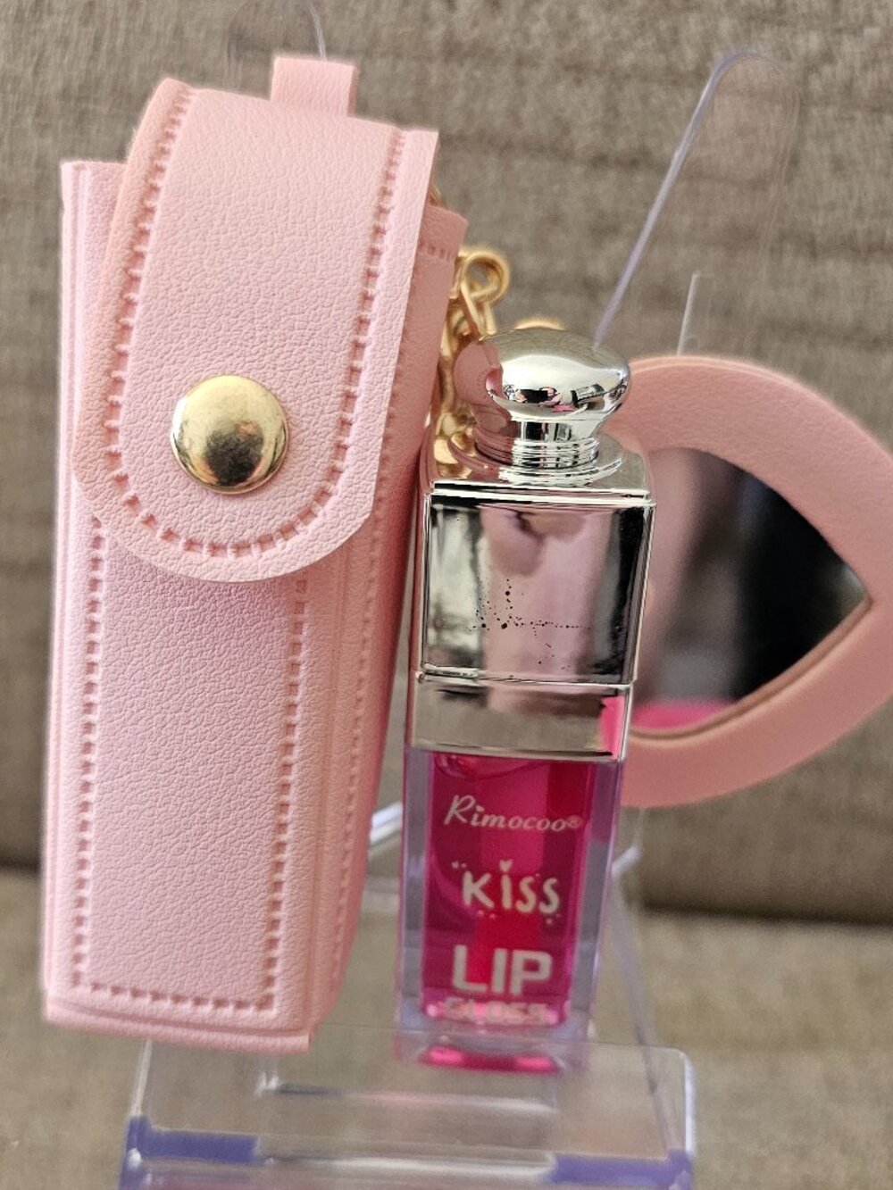💄 Pink Lip Gloss Holder Bag Charm with Mirror and lip gloss NWT